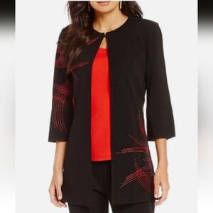 Ming Wang Black Knit Sweater Black Embroidered Open Front Career XL